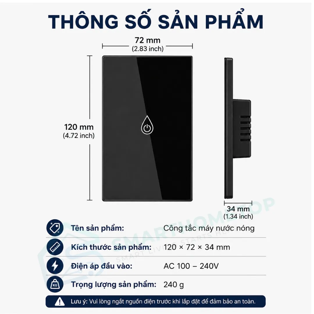 Công tắc bình nóng lạnh thông minh WiFi Tuya 40A điều khiển từ xa bằng điện thoại SmartHomeTop