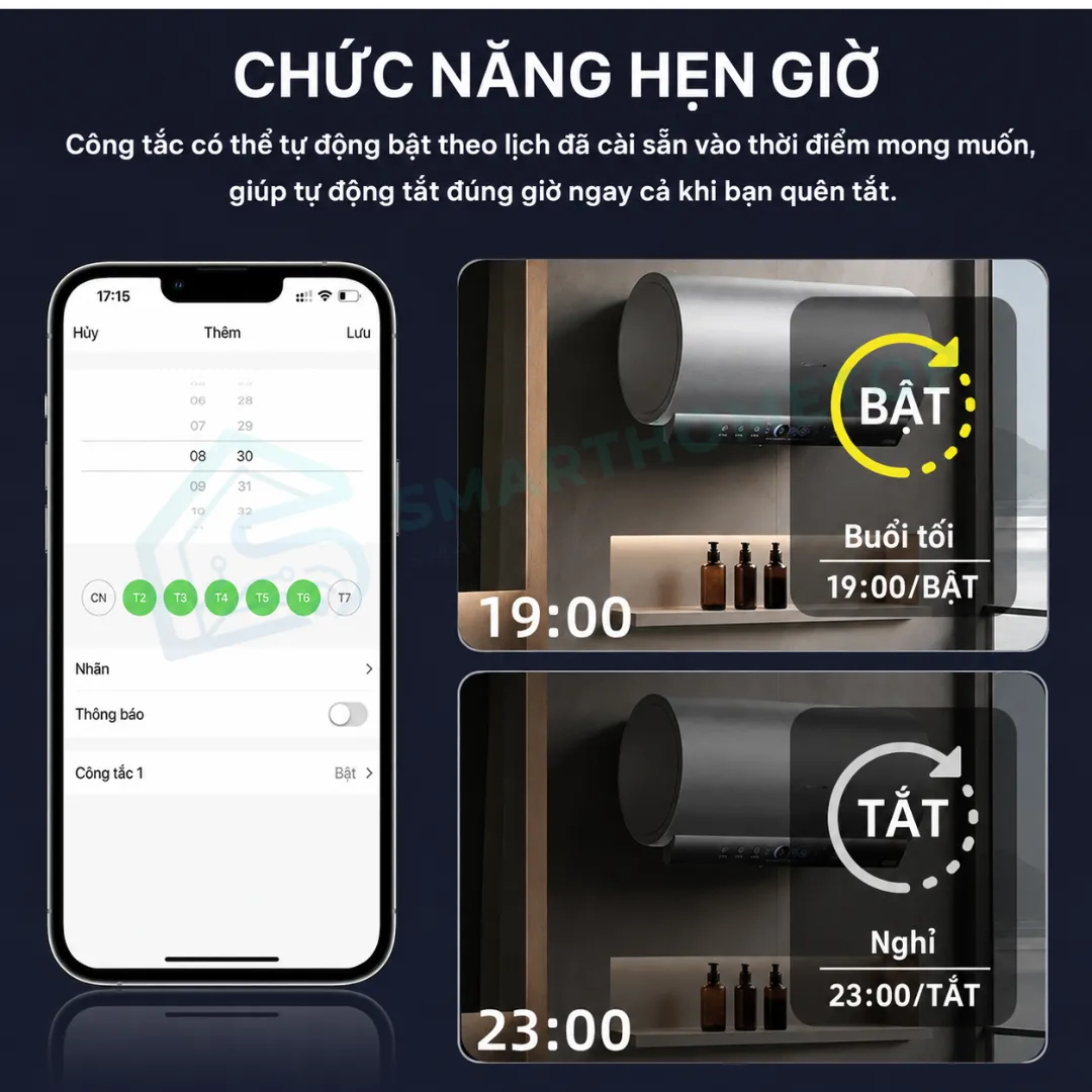 Công tắc bình nóng lạnh thông minh WiFi Tuya 40A điều khiển từ xa bằng điện thoại SmartHomeTop