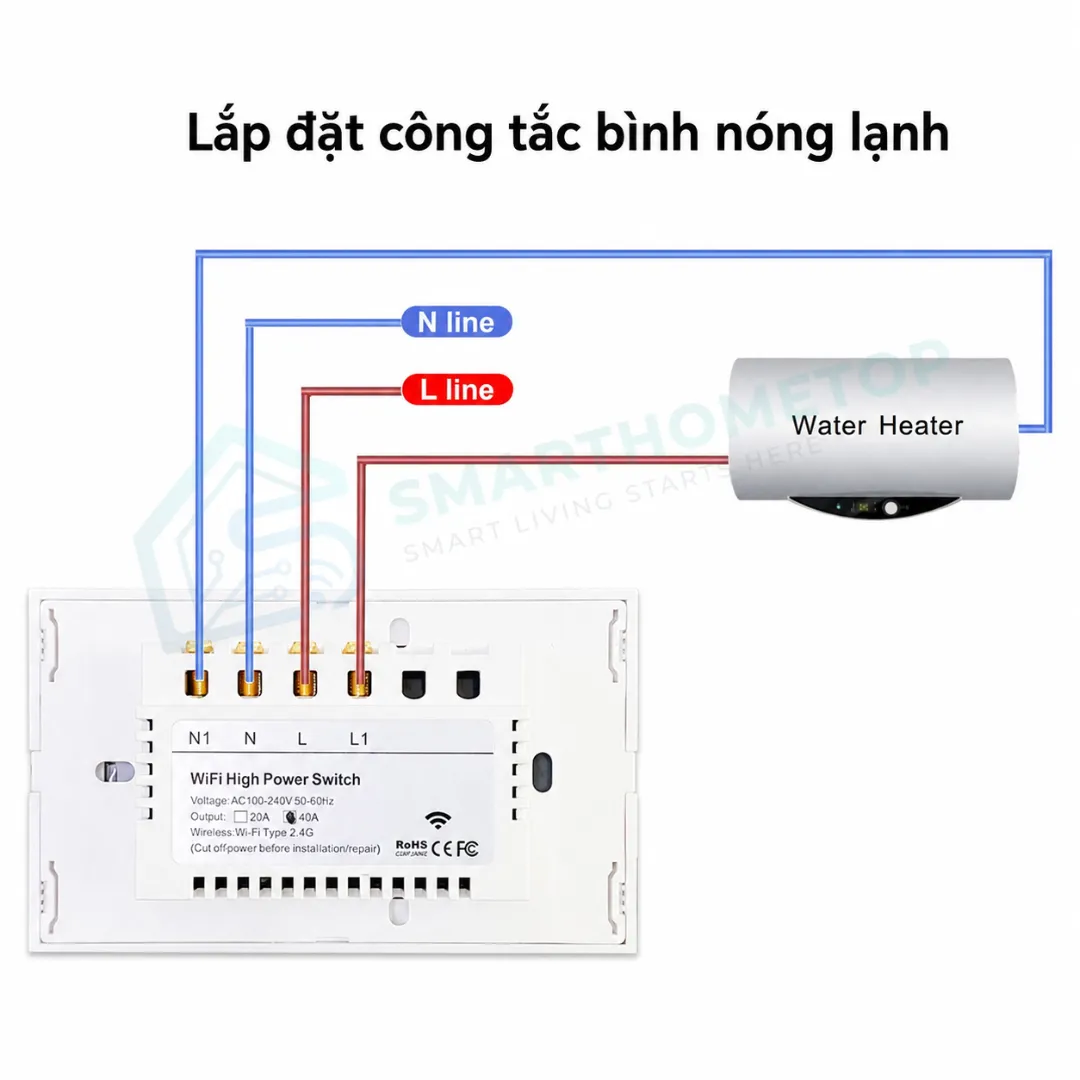 Công tắc bình nóng lạnh thông minh WiFi Tuya 40A điều khiển từ xa bằng điện thoại SmartHomeTop