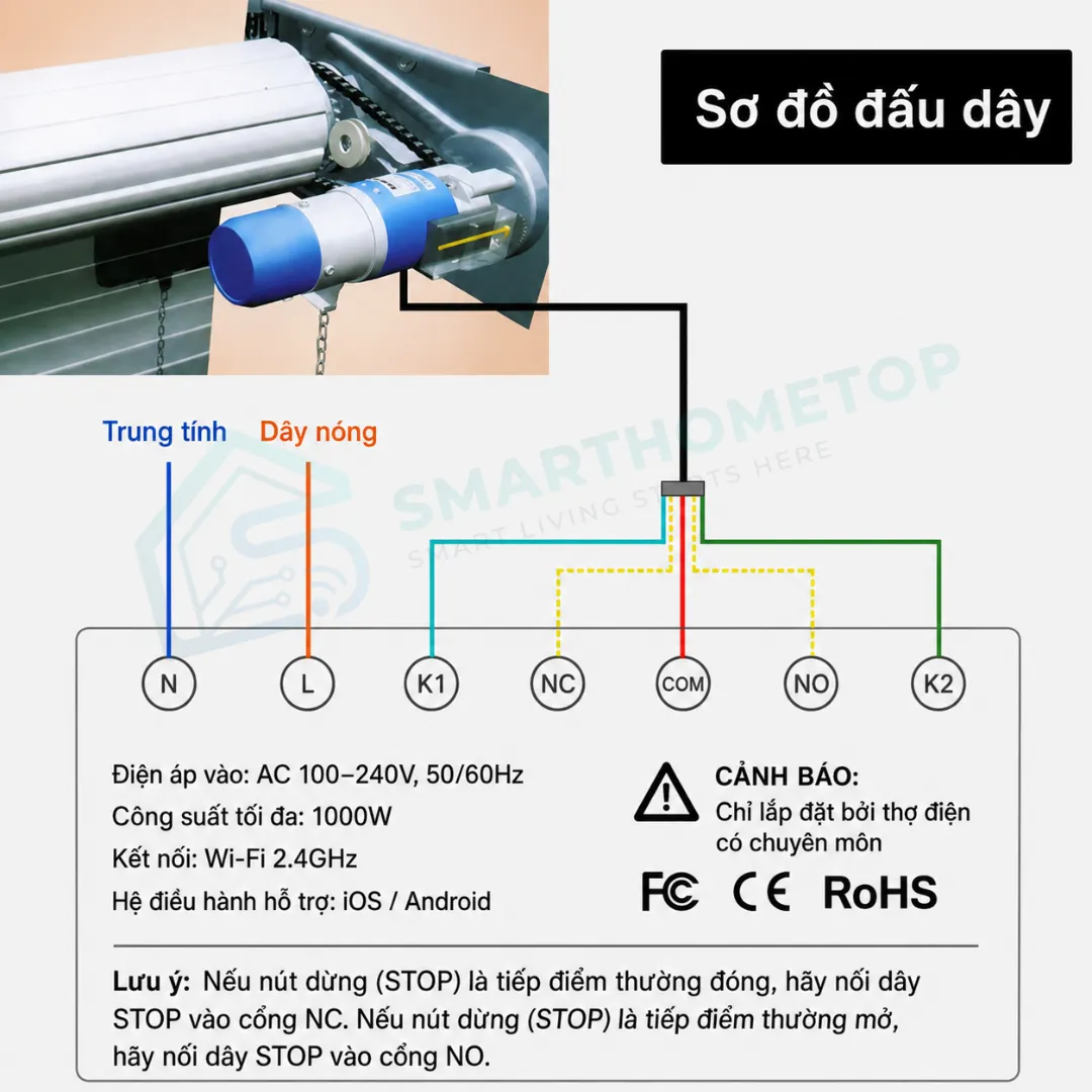 Công tắc cửa cuốn thông minh WiFi Tuya điều khiển cửa cuốn bằng điện thoại SmartHomeTop