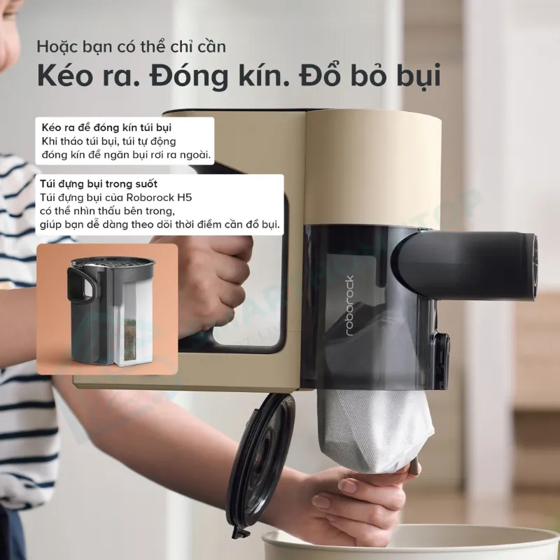 Trọng lượng thân máy chỉ 1,55 kgMột trong những lợi thế đáng chú ý của Roborock H5 là trọng lượng thân máy chỉ khoảng 1,55 kg.Thiết kế nhẹ giúp giảm áp lực lên cổ tay và cánh tay trong quá trình sử dụng.Điều này đặc biệt hữu ích khi:Hút bụi trên cao
Làm sạch rèm cửa
Vệ sinh giá sách
Hút sofa
Dọn cầu thang
Di chuyển máy giữa nhiều tầngTheo Roborock, trọng lượng 1,55 kg là một trong những đặc điểm chính của H5.Trọng lượng khi gắn đầu hút khoảng 1,82 kgTheo thông số sản phẩm bạn cung cấp, trọng lượng thân máy và đầu hút khoảng 1,82 kg.Mức trọng lượng tương đối nhẹ giúp Roborock H5 dễ kiểm soát hơn trong quá trình hút sàn dài hoặc di chuyển quanh đồ nội thất.Máy Hút Bụi Cầm Tay Không Dây Roborock H5